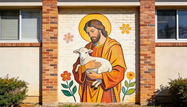 Good shepherd mural holding lamb on brick wall colorful religious street art