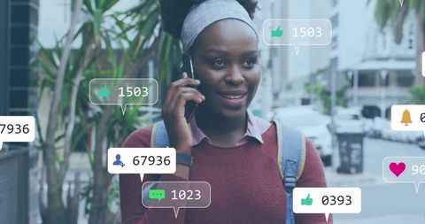 Smiling Woman Engaging in Social Media While Walking Through City