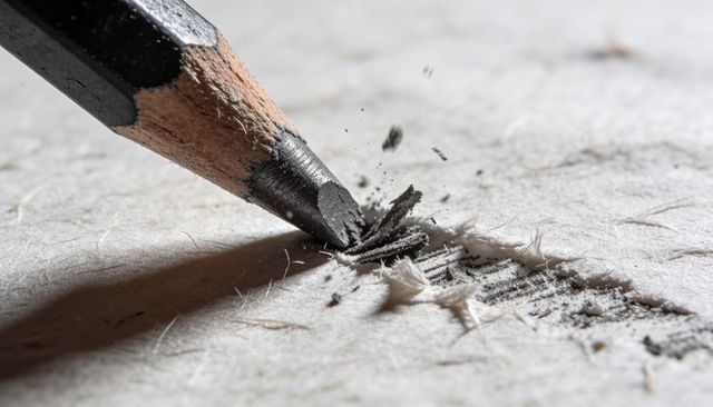 Macro pencil scraping graphite across fibrous paper creating textured graphite shavings