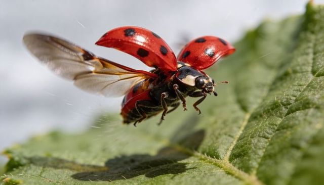Red spotted ladybug launching with elytra raised and transparent wings over textured leaf