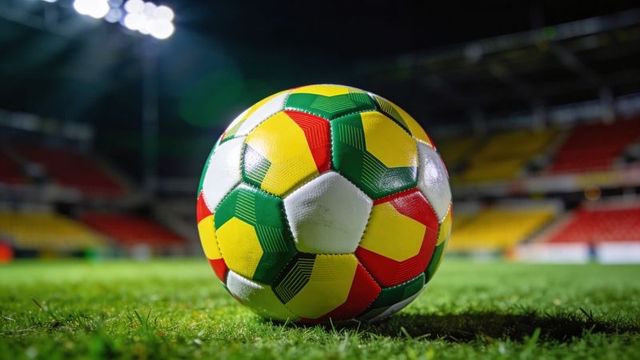 Multicolored soccer ball resting on stadium turf under floodlights, glossy lens flare