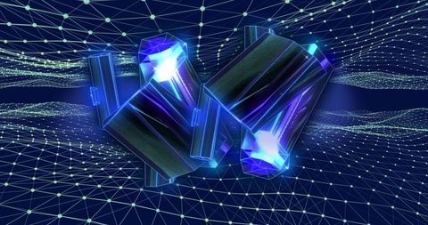 Neon crystal prisms suspended over wireframe network with glowing cores and cyber grid