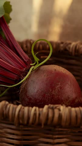 Sunlight filtering on rustic basket, illuminating fresh beetroot with curling green sprout