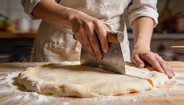 Baker Cutting Dough with Bench Scraper on Flour-Dusted Wooden Countertop, Closeup
