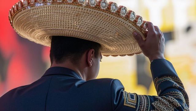 Mariachi adjusting ornate sombrero while wearing embroidered charro jacket on stage