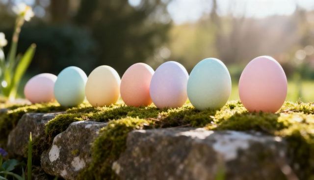 Pastel easter eggs lining mossy stone ledge in sunlit spring garden