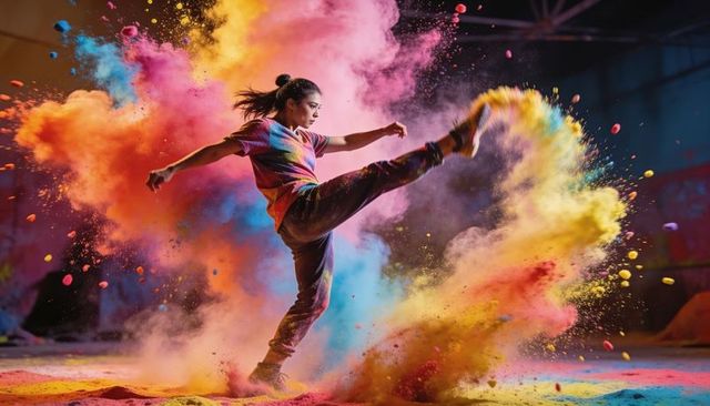 Kicking dancer releasing explosive colored powder clouds in urban warehouse choreography