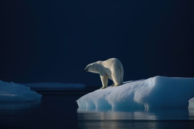 Polar bear stands on iceberg during dusky twilight in Arctic waters, capturing essence of the wild and stark beauty of the polar regions. Ideal for use in environmental conservation advertising, wildlife educational content, and evocative travel blogs focusing on remote natural habitats and climate change. Perfect for illustrating themes of solitude and resilience in nature.