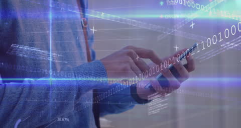 Man Using Smartphone with Digital Binary Overlays