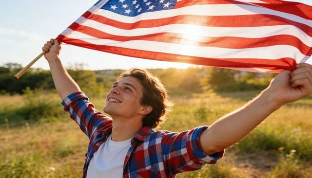 Young man celebrating freedom holding american flag overhead in golden meadow at sunset