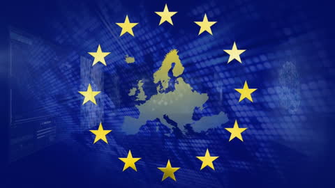 Digital Data Flow Overlaid on European Union Flag