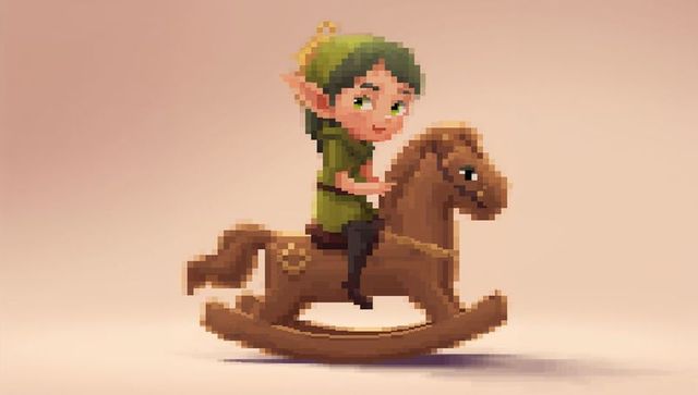 Pixel art elf child riding wooden rocking horse wearing green tunic and plume hat