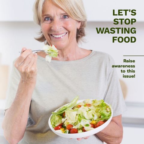 smiling senior woman promotes reducing food waste with fresh salad - Download Free Stock Templates Pikwizard.com