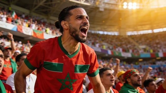 Passionate moroccan football fan shouting and cheering in sunlit stadium crowd