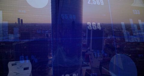 Cylindrical glass skyscraper rising above skyline with hud charts and data overlays at dusk