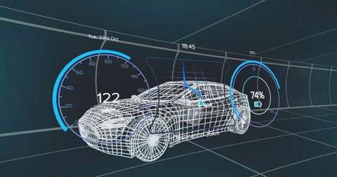 Futuristic Wireframe Sedan with Digital HUD