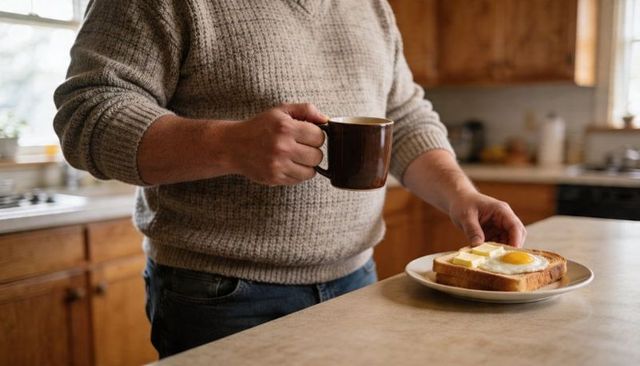 Man enjoying morning coffee while placing toast with fried egg on cozy kitchen counter
