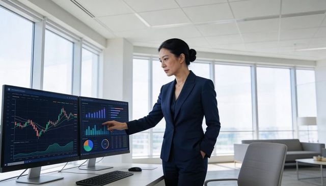 Asian businesswoman analyzing financial dashboards on dual monitors in modern office