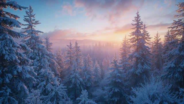 Winter Sunrise Over Snowy Forest Landscape