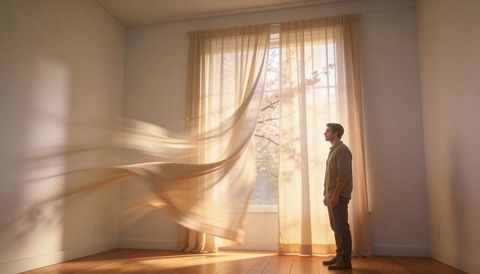 Man standing by sunlit window watching sheer curtain billow in minimalist room
