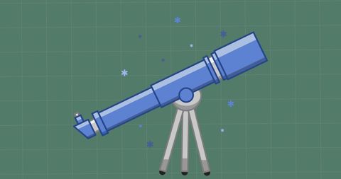 Blue telescope on tripod with green grid background