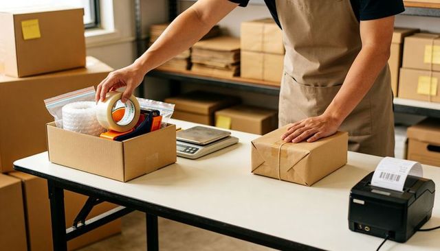 Sealing and labeling parcels for small business fulfillment in warehouse workspace