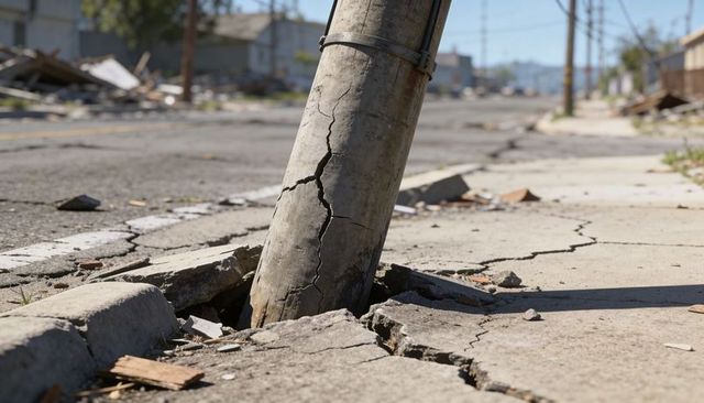 Leaning cracked utility pole breaking collapsed sidewalk on urban street with debris