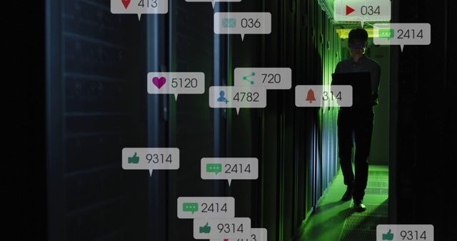 Man Analyzing Social Media Data in Server Room with Likes and Comments Overlays - Download Free Stock Images Pikwizard.com