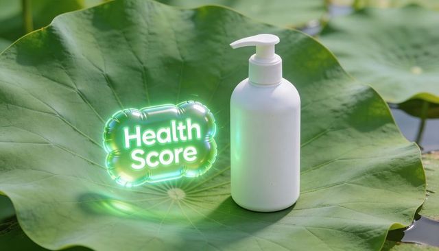 Floating white pump bottle on lotus leaf showing glowing health score hologram