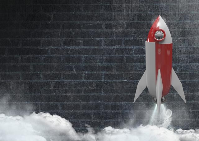 3D rocket launching in front of dark brick wall with smoke trails creating a futuristic and imaginative atmosphere. Perfect for use in technological presentations, innovation projects, aerospace or engineering websites, children's books, space exploration themes, and startup company branding.