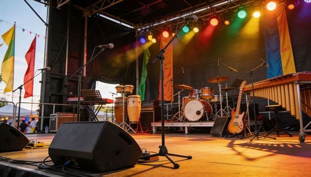 Outdoor festival stage glowing with colorful lights, microphones and instruments ready