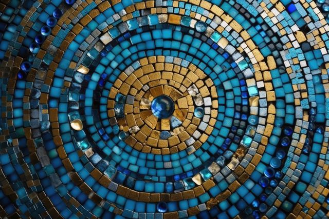 Geometric abstract mosaic featuring blue, gold, and brown tiles creating a vibrant pattern. Ideal for backgrounds, wallpapers, or artistic decor inspiration. Useful for creative projects and craft ideas, digital art projects, and design inspiration.
