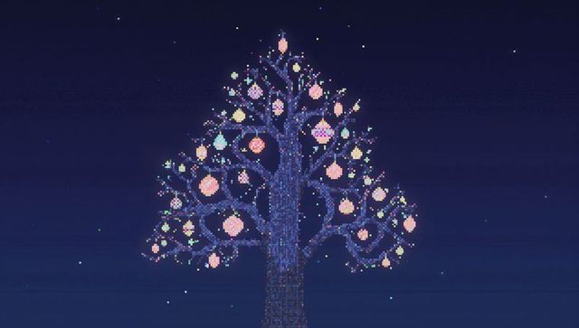Glowing pixel art tree illuminating navy night sky with pastel ornaments and starry pixels