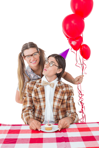 Transparent Geeky Couple Celebrating Birthday with Balloons