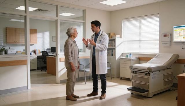 Young physician discussing care with senior woman patient in bright clinic exam room