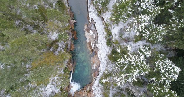 Aerial View of Icy Mountain Stream in Winter Forest - Download Free Stock Images Pikwizard.com