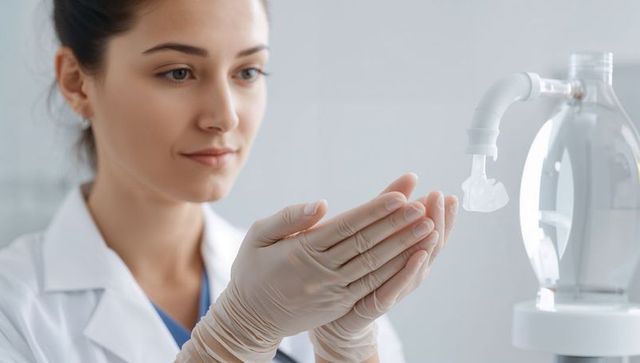 Nurse applying hand sanitizer from dispenser in modern clinical exam room, wearing gloves