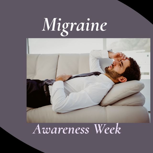 Image of migraine awareness week and caucasian businessman lying on sofa with headache. Business, health and migraine awareness concept.
