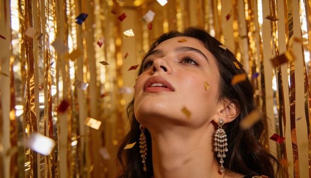 Gazing woman catching gold confetti among shimmering tinsel with chandelier earrings