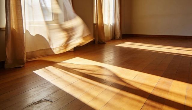 Sunlight casting warm shadows on empty hardwood floor with billowing sheer curtains