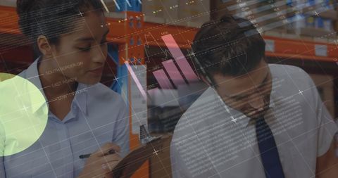 two warehouse supervisors team up for inventory management, with stats overlay adding a tech flavor. ideal for illustrating modern warehouse operations, data-driven inventory strategies, or logistics business concepts.
