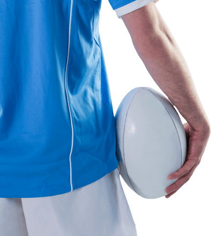 Rugby player in blue jersey holding ball design transparent background