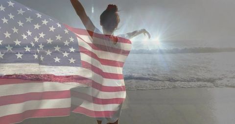 Woman Enjoying Sunrise on Ocean Beach with USA Flag Overlay