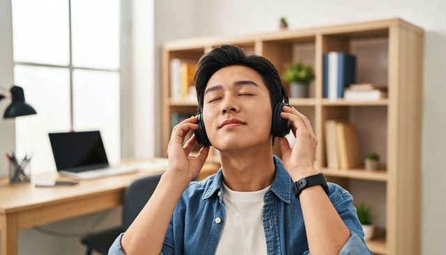 Young man enjoying music with headphones in modern home office, relaxed focus and calm