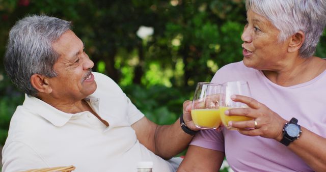 Smiling Senior Couple Toasting with Glasses of Orange Juice Outdoors - Download Free Stock Images Pikwizard.com