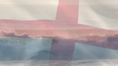 Waving England Flag Overlay on Ocean Waves