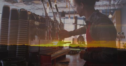 Barista Creating Coffee with Scenic Landscape Overlay