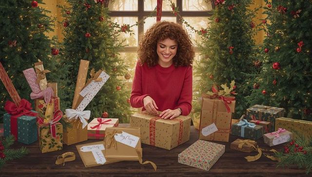 Curly woman wrapping christmas gifts on cozy wooden table surrounded by evergreen trees