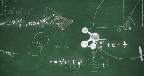 Mathematical Equations with Digital Elements on Green Chalkboard Background