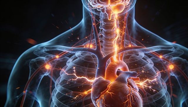 Translucent torso revealing glowing heart and neural pathways connecting brain